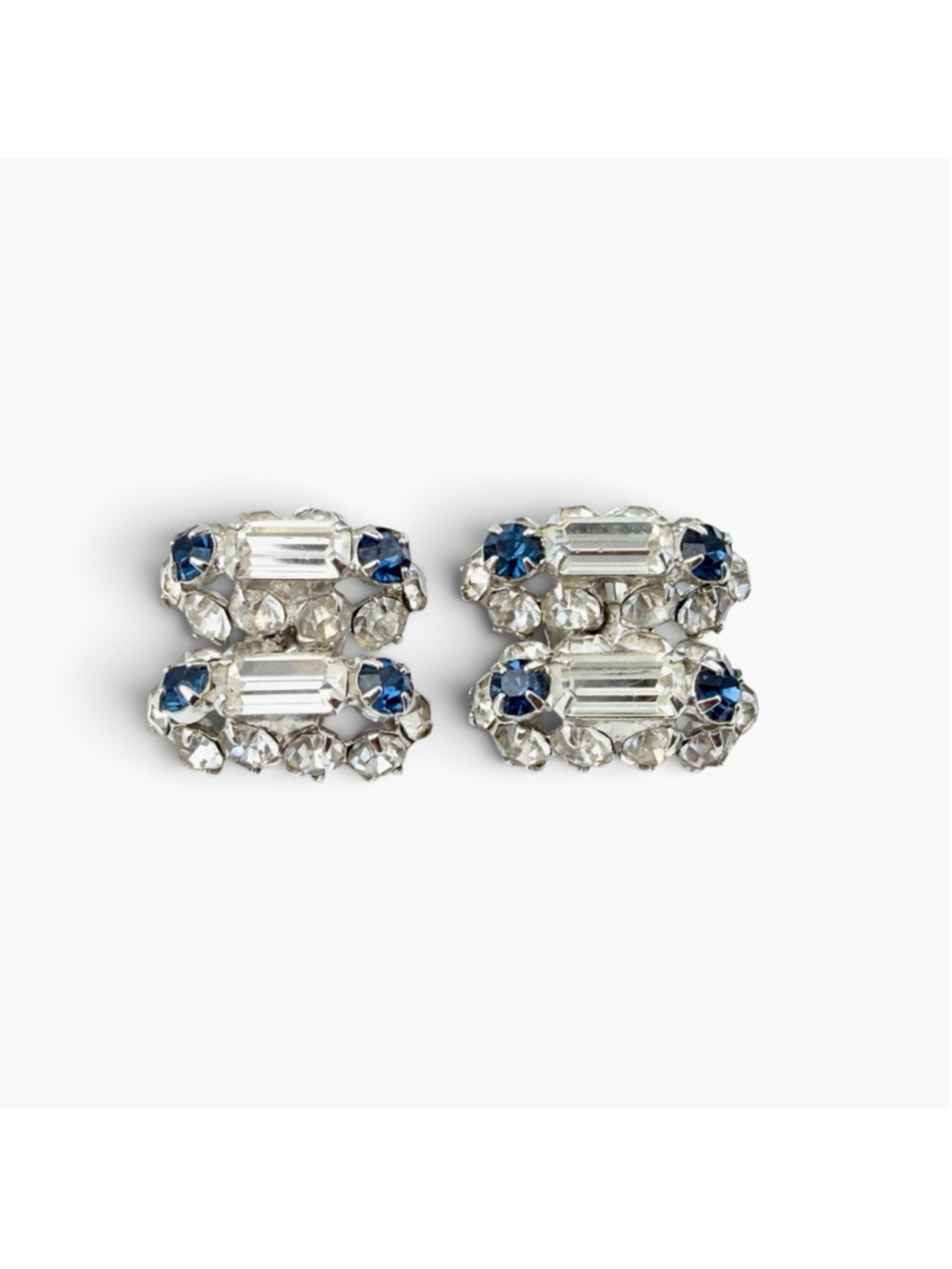 Vintage Blue Rhinestone Clip Earrings Clear Crystal Silver Tone Statement
